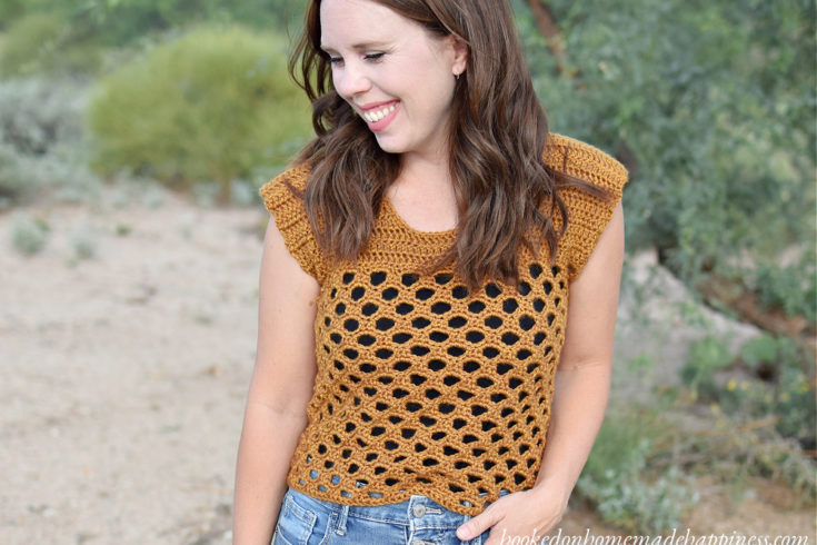 Honeycomb Crochet Top Pattern - The Honeycomb Crochet Top has a beautiful honeycomb design and it fits perfectly with the golden yarn. This top is made with an open, airy stitch called the Honeycomb Stitch. 