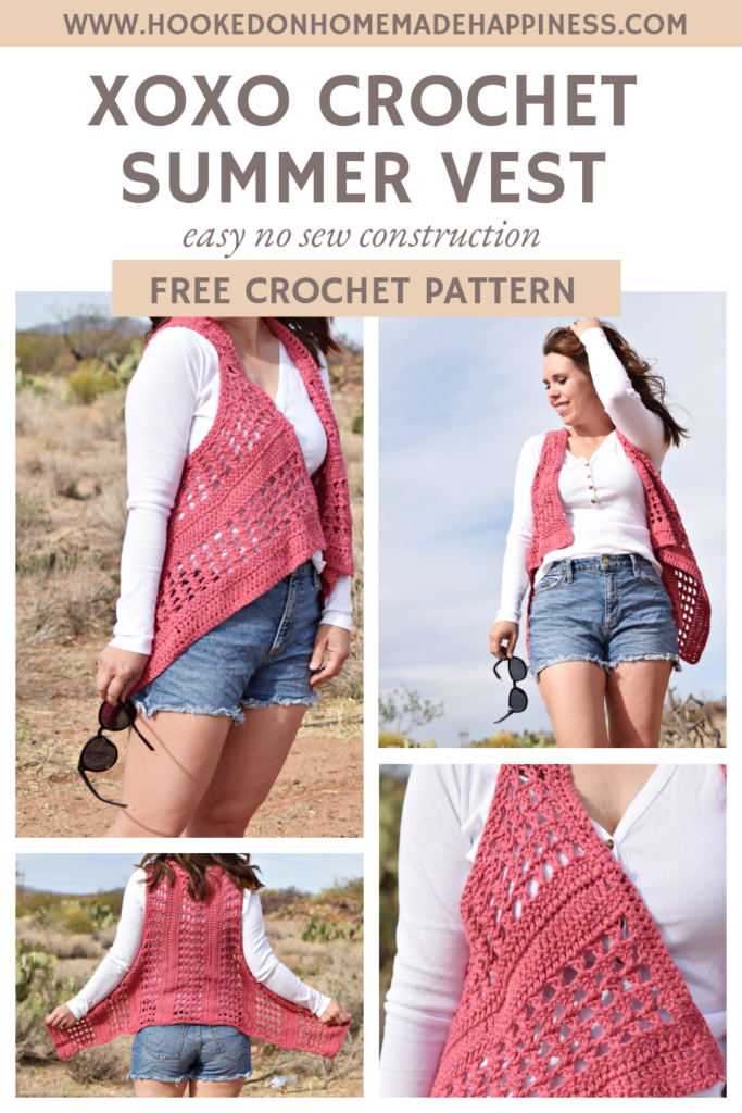 XOXO Summer Vest Crochet Pattern - Add this XOXO Summer Crochet Vest to your summer wardrobe for a fun accessory! The cotton yarn makes it light and a great project for warmer months. I used the “X’ stitch. It has an open, airy design, and creates a nice textured piece.