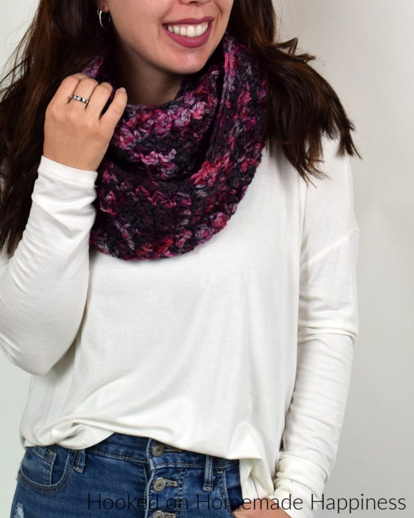 Claret Infinity Scarf Crochet Pattern - Wrap yourself in this easy and beautiful Claret Infinity Crochet Scarf Pattern. I used the Suzette Stitch; the ease and texture of this stitch makes it one of my favorite stitches.