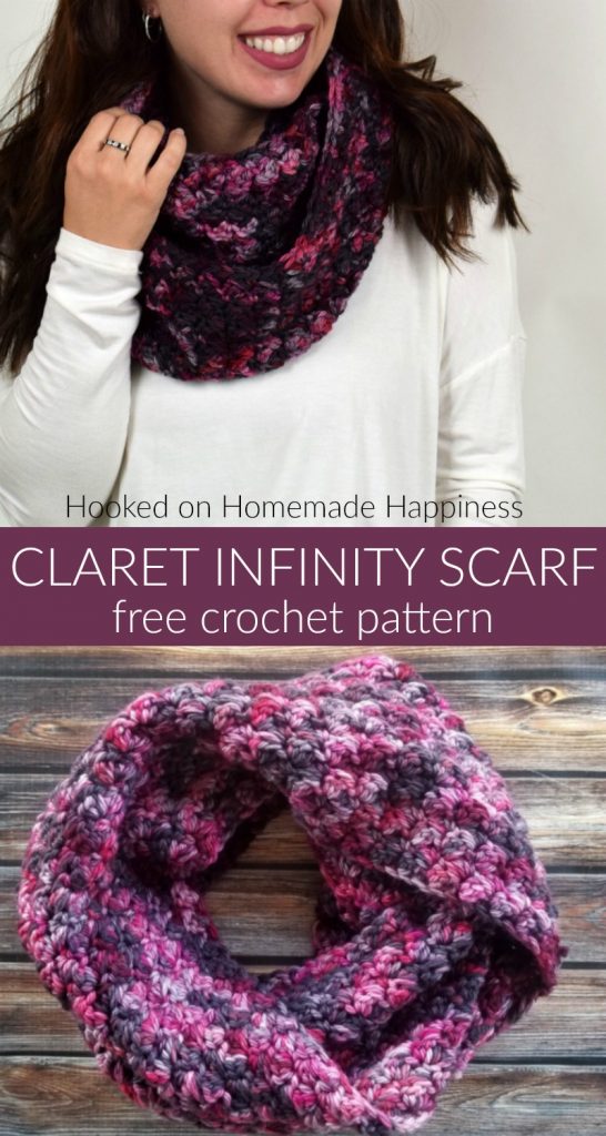 Claret Infinity Scarf Crochet Pattern - Wrap yourself in this easy and beautiful Claret Infinity Crochet Scarf Pattern. I used the Suzette Stitch; the ease and texture of this stitch makes it one of my favorite stitches.