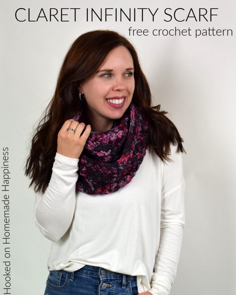 Claret Infinity Scarf Crochet Pattern - Wrap yourself in this easy and beautiful Claret Infinity Crochet Scarf Pattern. I used the Suzette Stitch; the ease and texture of this stitch makes it one of my favorite stitches.