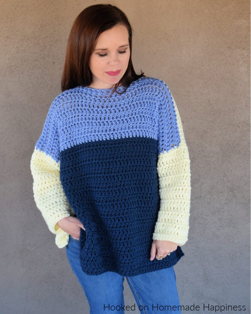 Oversized Color Block Sweater Crochet Pattern - This Oversized Color Block Crochet Sweater Pattern is the comfiest & coziest around! It's cute paired with some skinny jeans or perfect for a comfy day around the house.