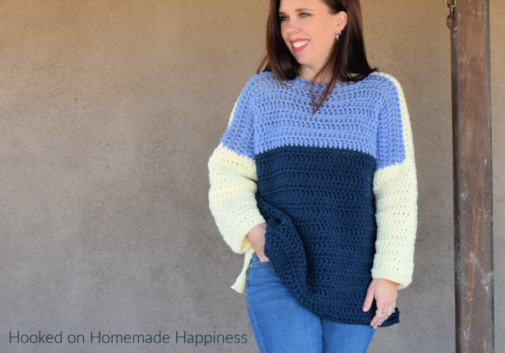 Oversized Color Block Sweater Crochet Pattern - This Oversized Color Block Crochet Sweater Pattern is the comfiest & coziest around! It's cute paired with some skinny jeans or perfect for a comfy day around the house.