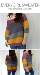 Everygirl Crochet Sweater Pattern - This comfy, easy to make Everygirl Crochet Sweater is the perfect addition to your fall wardrobe. I used 2 Caron Cakes to make this sweater. When picking out my skeins, I made sure to find ones that had the same starting color so the stripes on the front and back out (almost) match up.