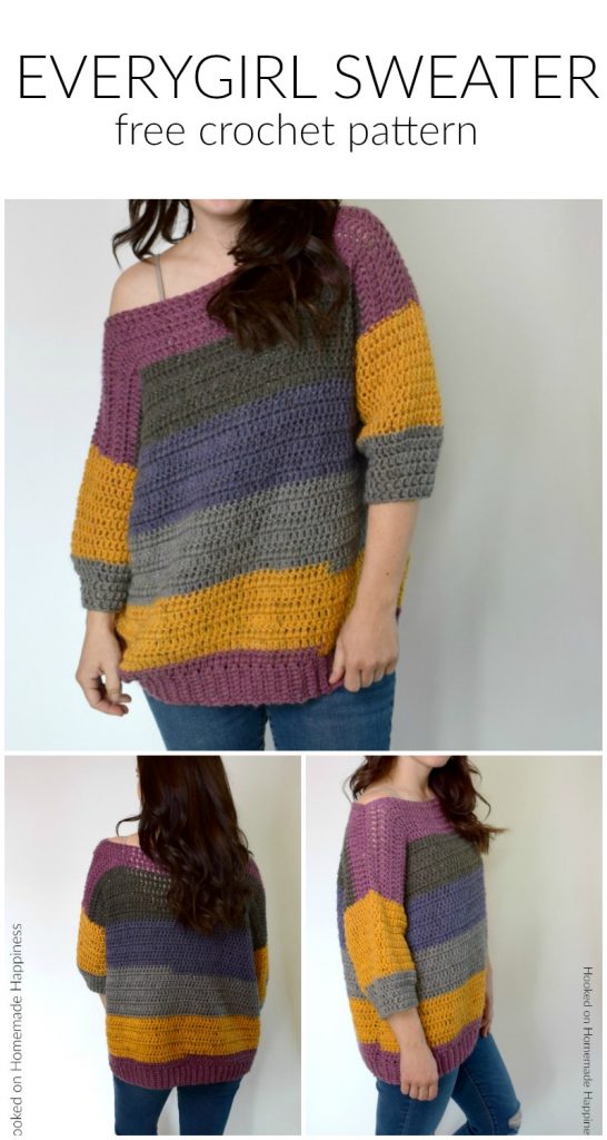 Everygirl Crochet Sweater Pattern - This comfy, easy to make Everygirl Crochet Sweater is the perfect addition to your fall wardrobe. I used 2 Caron Cakes to make this sweater. When picking out my skeins, I made sure to find ones that had the same starting color so the stripes on the front and back out (almost) match up.