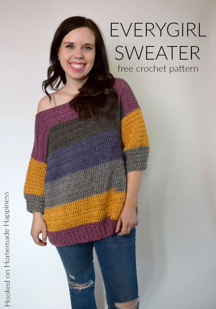Everygirl Crochet Sweater Pattern - This comfy, easy to make Everygirl Crochet Sweater is the perfect addition to your fall wardrobe. I used 2 Caron Cakes to make this sweater. When picking out my skeins, I made sure to find ones that had the same starting color so the stripes on the front and back out (almost) match up.