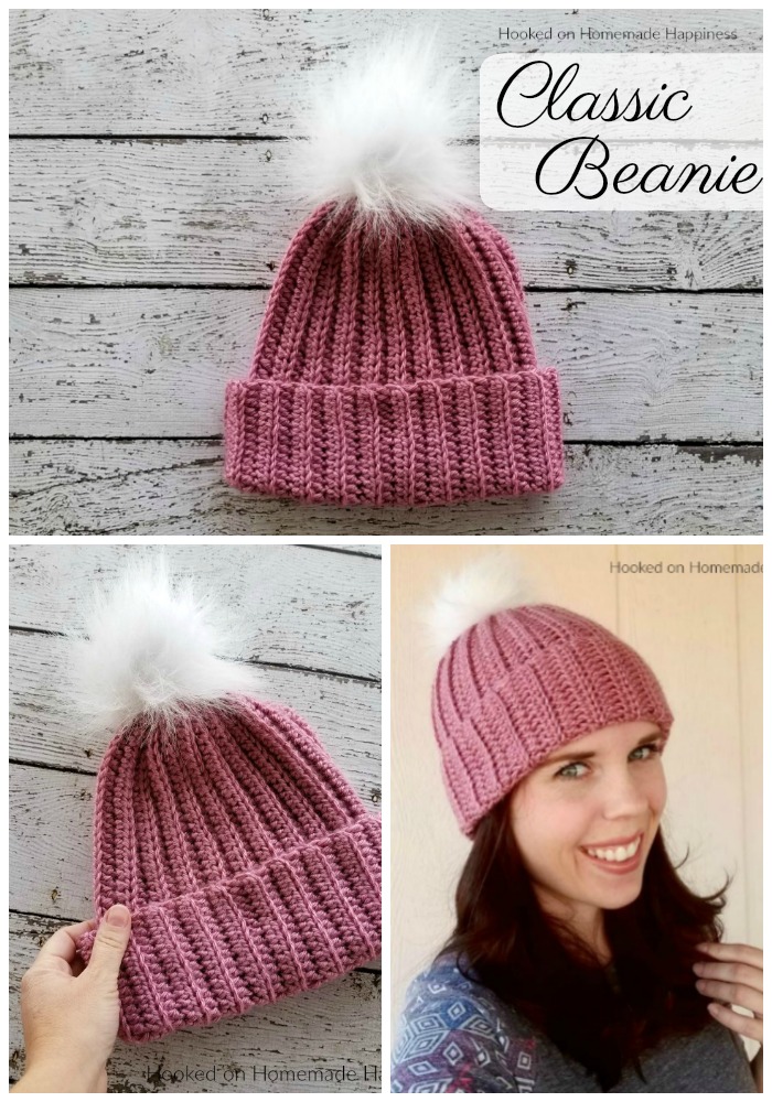 Classic Beanie Crochet Pattern - This Classic Beanie Crochet Pattern has a classic design, but is made a little differently than your typical crocheted hat. It's worked as a rectangle and then sewn into a hat. There's a little bit of ribbing to add some subtle texture and the double brim will help keep ears extra warm.