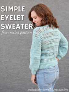 Simple Eyelet Sweater Crochet Pattern - For this Simple Eyelet Sweater Crochet Pattern, there is a full video tutorial! The front of the sweater is a solid piece, made with all double crochet. The back has the open, see through look that is just so cute! I like to wear it with a brightly color tank top. Even just a sports bra would be adorable!
