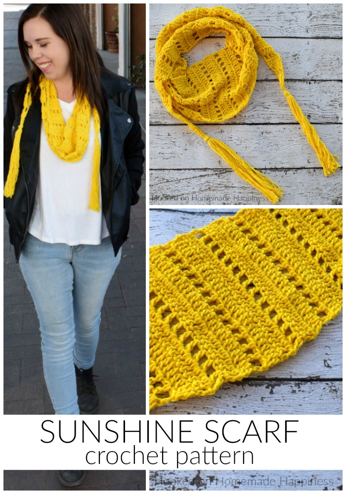 Sunshine Crochet Scarf Pattern - Let the warm sunshine in with this Sunshine Crochet Scarf Pattern! It's made with a super lightweight cotton and that makes it perfect for warmer weather. It hangs loose around the neck so you don't have to worry about getting too warm with this scarf.