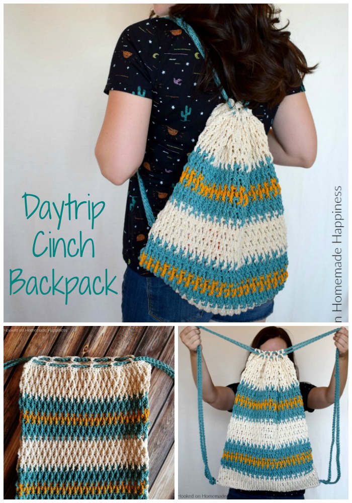 Daytrip Cinch Backpack Crochet Pattern - The Daytrip Cinch Backpack Crochet Pattern is perfect for your next outing! It's made of durable cotton, with a solid stitch, and can hold all the things you might need. #crochet #freecrochetpattern #crochetbag