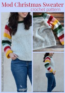 Mod Christmas Sweater Crochet Pattern - This Mod Christmas Sweater Crochet Pattern is a raglan style sweater with cute striped sleeves. I went with some modern Christmas colors for my sleeves, but they can be made in any color combination.