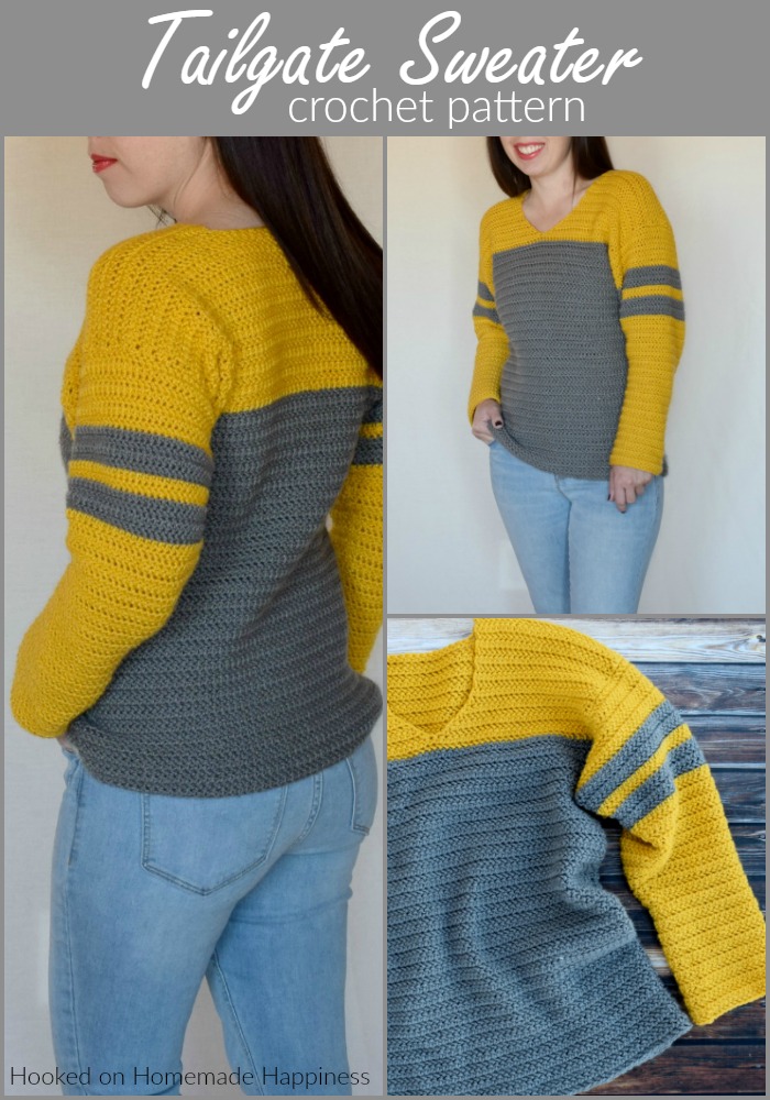 Tailgate Sweater Crochet Pattern - The Tailgate Sweater Crochet Pattern is a lightweight sweater that can easily be customized to show off your favorite team! But of course you can just choose a favorite color combination (like I did :) ) There are so many things I love about this sweater. The slight v neck, the color blocking, the stripes on the sleeves, the DK weight yarn... So. Many. Things.