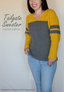 Tailgate Sweater Crochet Pattern - The Tailgate Sweater Crochet Pattern is a lightweight sweater that can easily be customized to show off your favorite team! But of course you can just choose a favorite color combination (like I did :) ) There are so many things I love about this sweater. The slight v neck, the color blocking, the stripes on the sleeves, the DK weight yarn... So. Many. Things.