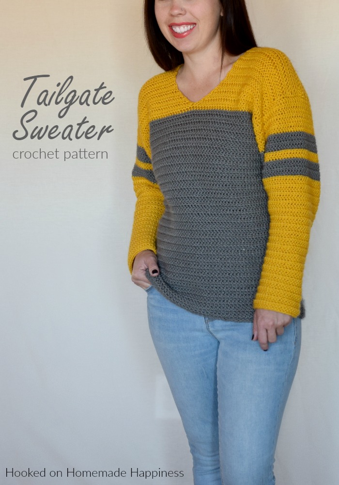 Tailgate Sweater Crochet Pattern - The Tailgate Sweater Crochet Pattern is a lightweight sweater that can easily be customized to show off your favorite team! But of course you can just choose a favorite color combination (like I did :) ) There are so many things I love about this sweater. The slight v neck, the color blocking, the stripes on the sleeves, the DK weight yarn... So. Many. Things. 