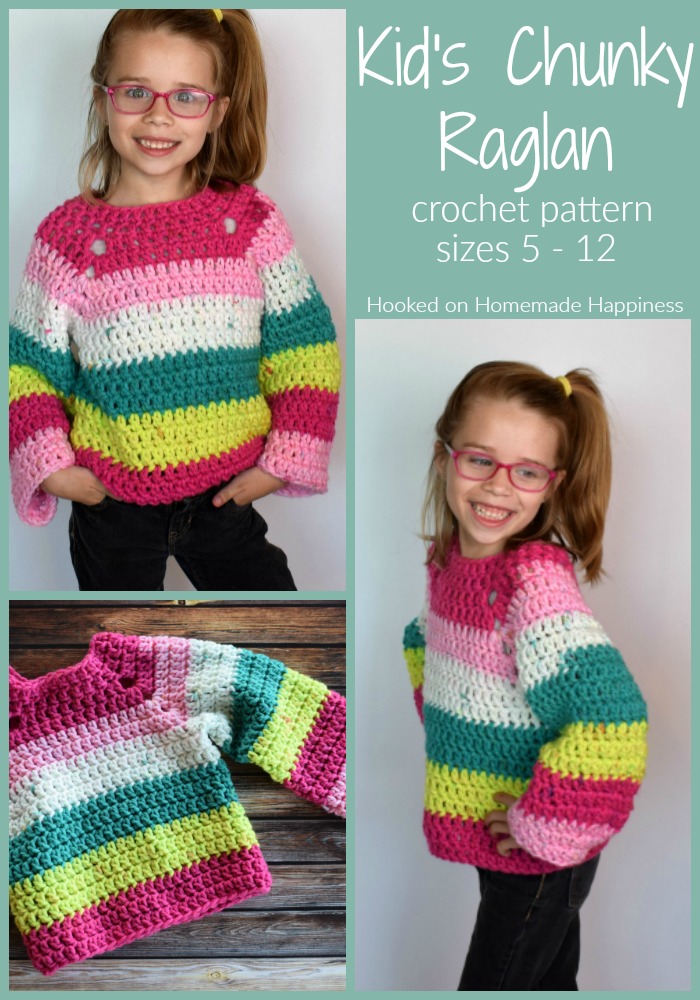 Kid's Chunky Raglan Crochet Pattern - The Kid's Chunky Raglan Sweater Crochet Pattern is made with 2 Chunky Caron Cakes. Because of the raglan style and the chunky yarn, it works up so fast. I had the entire sweater done in just one afternoon!