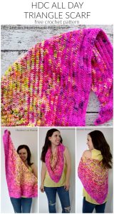 HDC All Day Triangle Scarf Crochet Pattern - This beginner level triangle scarf uses just 1 stitch and 1 row repeat! The HDC All Day Triangle Scarf Crochet Pattern is an easy level scarf and works great with a fade or as a solid color.