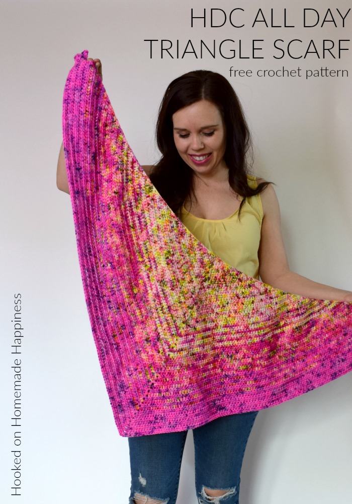 HDC All Day Triangle Scarf Crochet Pattern - This beginner level triangle scarf uses just 1 stitch and 1 row repeat! The HDC All Day Triangle Scarf Crochet Pattern is an easy level scarf and works great with a fade or as a solid color.