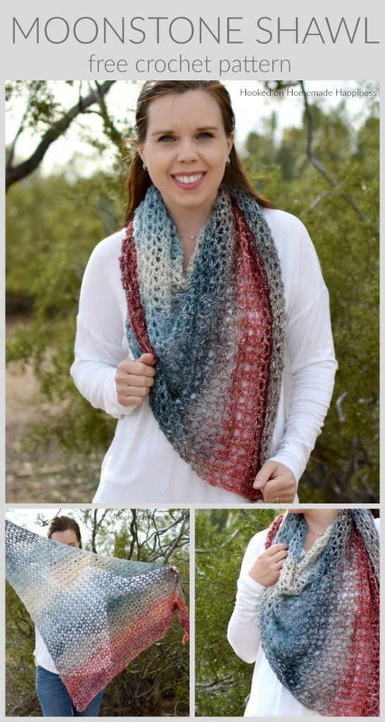 Moonstone Shawl Crochet Pattern - The Moonstone Shawl Crochet Pattern uses just 150g of yarn! Using the V stitch makes this shawl quick to make. It's a lightweight and airy shawl that's perfect for spring.