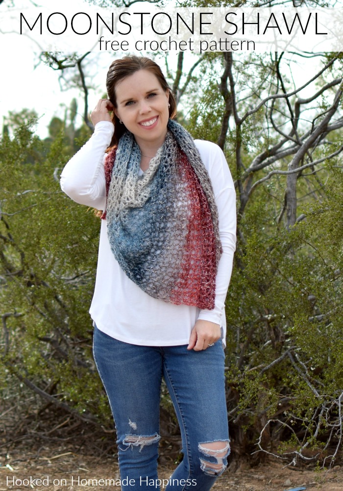 Moonstone Shawl Crochet Pattern - The Moonstone Shawl Crochet Pattern uses just 150g of yarn! Using the V stitch makes this shawl quick to make. It's a lightweight and airy shawl that's perfect for spring. 