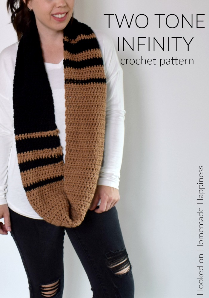Two Tone Infinity Scarf Crochet Pattern - The Two-Tone Infinity Scarf Crochet Pattern can be worn long or wrapped up and cozy around the neck. I went with neutral colors for mine, but I think two bright colors or even jewel tones would be so pretty.