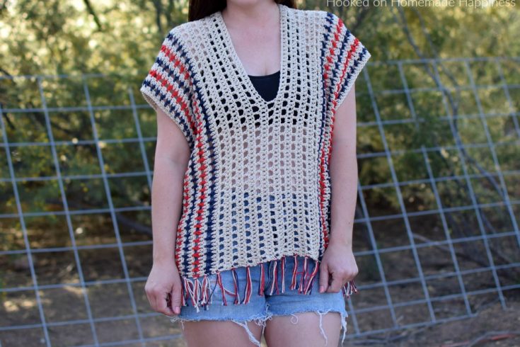 Picnic Poncho Crochet Pattern - The Picnic Poncho Crochet Pattern is made as one piece with very little sewing. Because of the DK weight yarn and the open stitch design, it's perfect for your summer picnic or as a swim suit cover. For mine I used patriotic colors for the summer holidays.