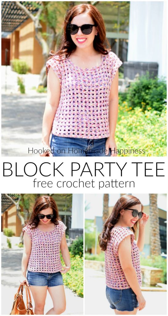 Block Party Tee Crochet Pattern - The Block Party Tee Crochet Pattern uses an easy 2 row repeat and has very little sewing. It's a quick & easy top! It's made with DK weight cotton yarn, so it's light enough to wear on even the warmest days.