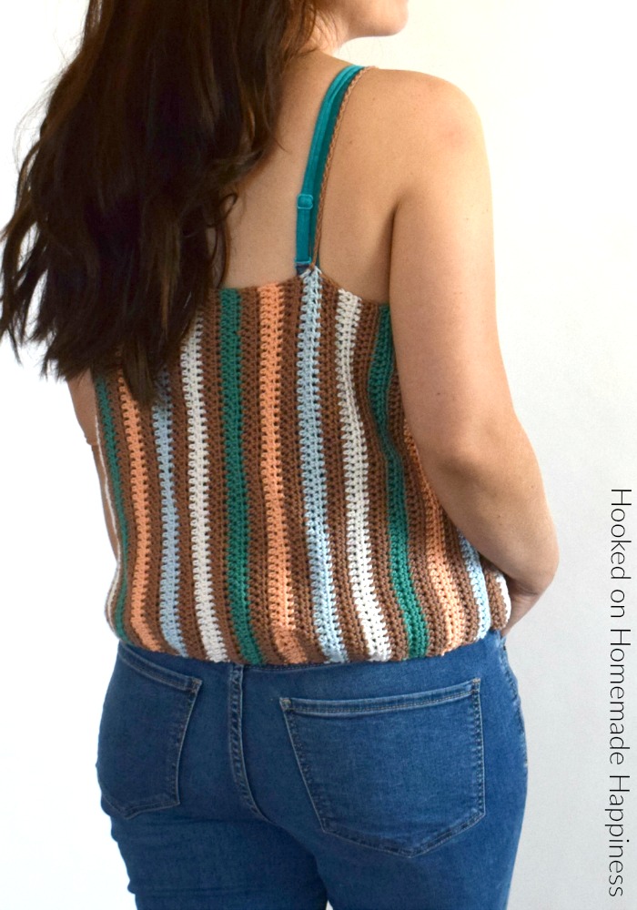 Macaron Cami Crochet Pattern - The Macaron Cami Crochet Pattern is the perfect crochet tank top! I love the V neck with the vertical stripes. It's made with DK weight cotton yarn, so it's very light and airy. Perfect for summer!