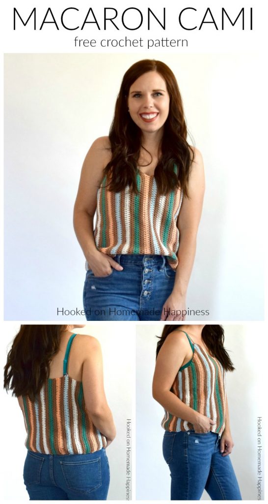 Macaron Cami Crochet Pattern - The Macaron Cami Crochet Pattern is the perfect crochet tank top! I love the V neck with the vertical stripes. It's made with DK weight cotton yarn, so it's very light and airy. Perfect for summer!