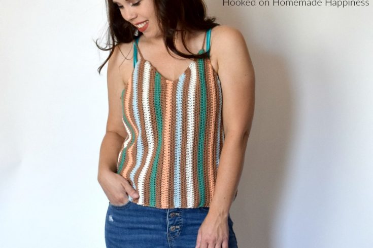 Macaron Cami Crochet Pattern - The Macaron Cami Crochet Pattern is the perfect crochet tank top! I love the V neck with the vertical stripes. It's made with DK weight cotton yarn, so it's very light and airy. Perfect for summer!