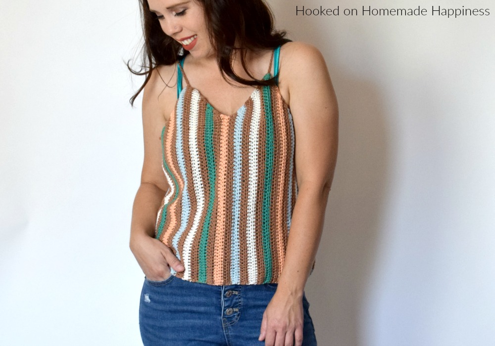 Macaron Cami Crochet Pattern - The Macaron Cami Crochet Pattern is the perfect crochet tank top! I love the V neck with the vertical stripes. It's made with DK weight cotton yarn, so it's very light and airy. Perfect for summer!