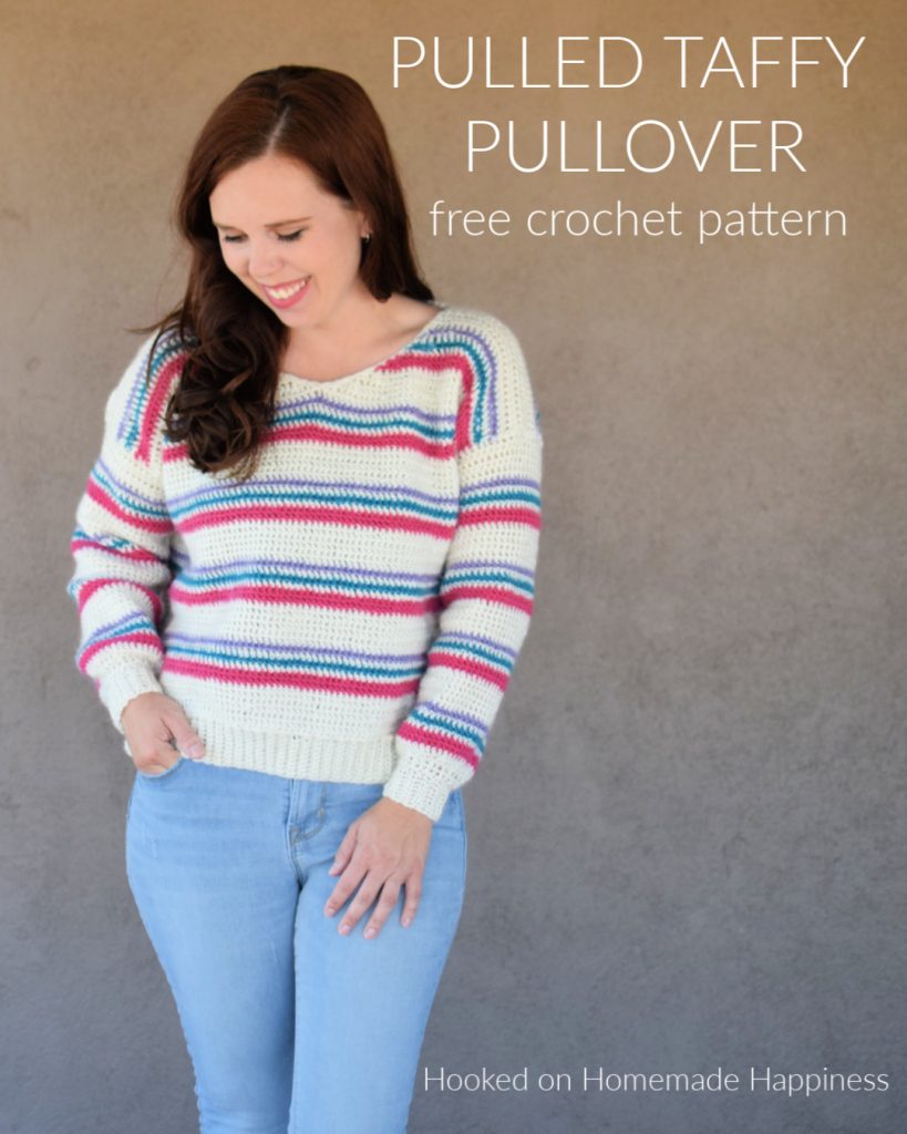 Pulled Taffy Pullover Crochet Pattern - The Pulled Taffy Pullover Crochet Pattern is a lightweight sweater that is perfect for fall and spring. It would also be fun for the holiday season! The stripes would be so cute in Christmas colors.