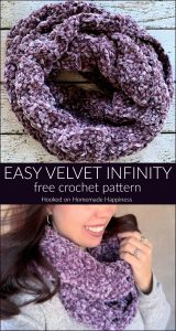 Easy Velvet Infinity Scarf Crochet Pattern - The Easy Velvet Infinity Scarf Crochet Pattern uses just 1 skein of Bernat Velvet yarn. The velvet yarn is so soft and luxurious. It makes such a soft and cozy winter scarf.