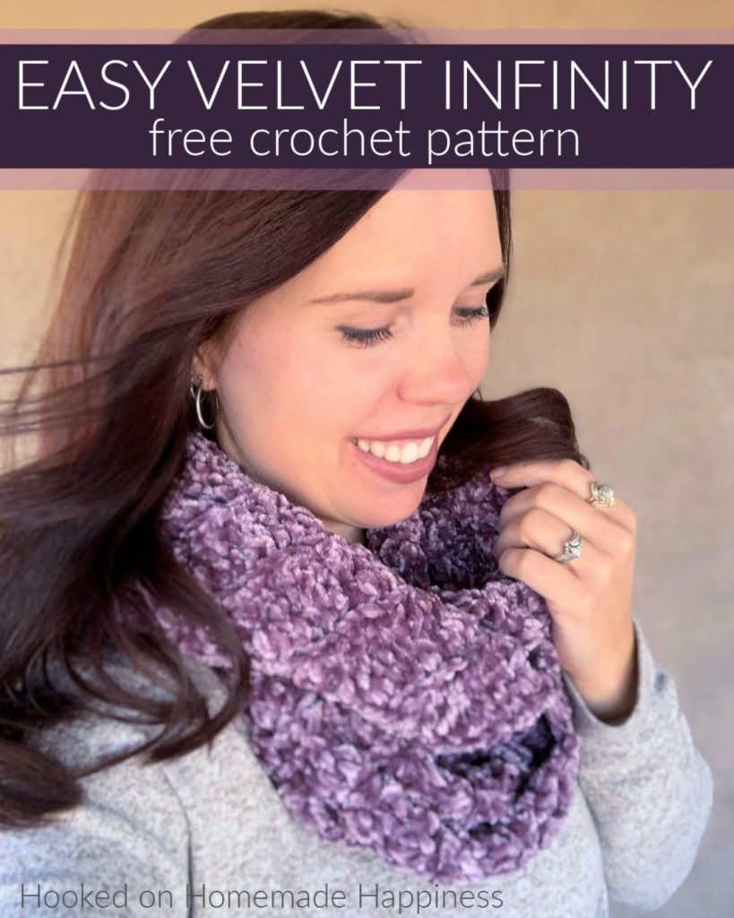 Easy Velvet Infinity Scarf Crochet Pattern - The Easy Velvet Infinity Scarf Crochet Pattern uses just 1 skein of Bernat Velvet yarn. The velvet yarn is so soft and luxurious. It makes such a soft and cozy winter scarf.