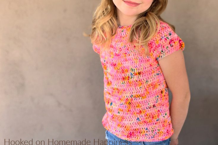 Kid's Basic Tee Crochet Pattern - The Kid's Basic Tee Crochet Pattern is a super easy kid's top that uses worsted weight yarn and all double crochet. The best part is... there's no sewing!