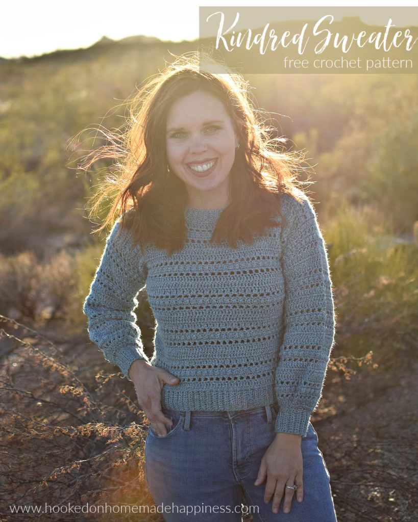 Kindred Sweater Crochet Pattern- The Kindred Sweater Crochet Pattern is my new favorite sweater! It uses a fun and easy stitch combination. I used double crochet, chain stitches, and the berry stitch to create this texture. 