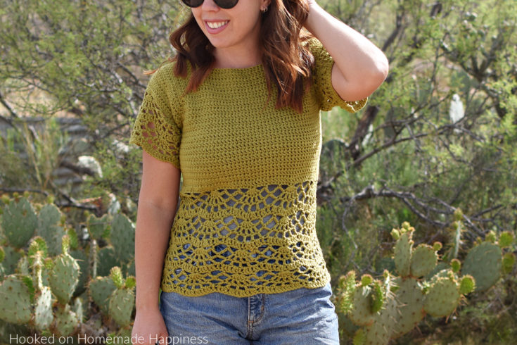 Bahama Blouse Crochet Pattern - The Bahama Blouse Crochet Pattern is a fun and flirty top, perfect for your spring outings. The beautiful lace design along the bottom adds a pretty and feminine touch. This raglan style blouse is worked from the top down and requires no sewing.