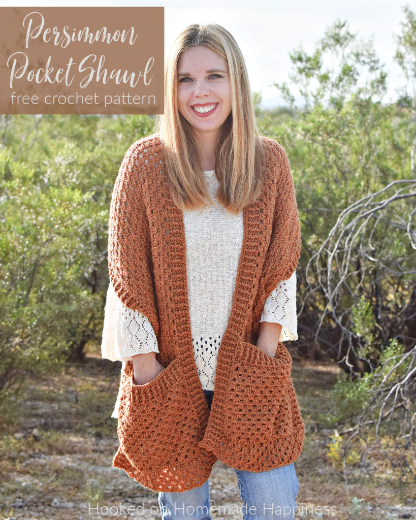 Persimmon Pocket Shawl Crochet Pattern - The Persimmon Pocket Shawl Crochet Pattern is the perfect pattern to get you ready for fall! It uses the classic granny stitch with a textured ribbing. 