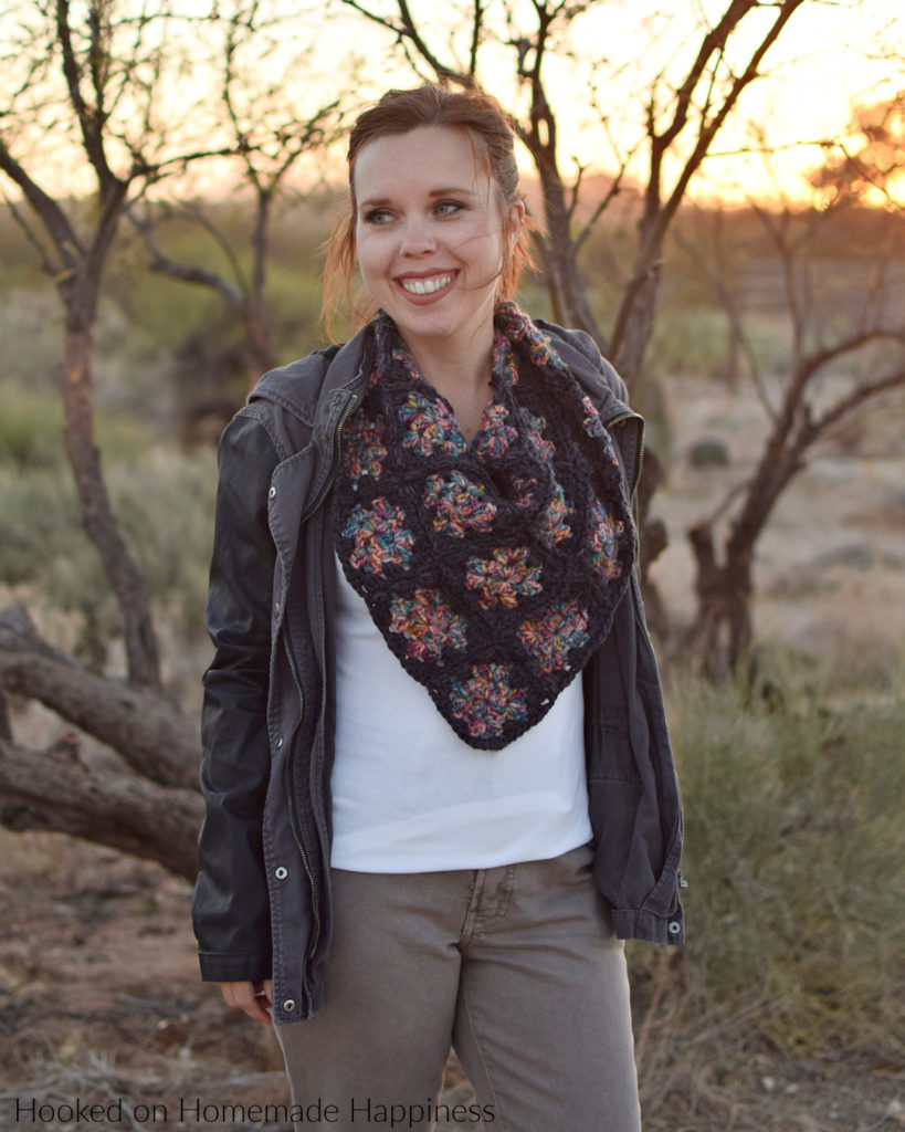 Granny Square Cowl Crochet Pattern - ade up of a few granny squares (and a couple triangles) sewn together into a cowl shape. All you need to know is how to make a basic granny square for this simple cowl.