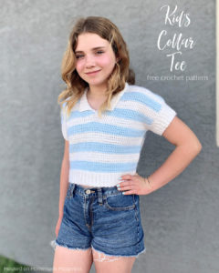 Kid's Collar Tee Crochet Pattern - The Collar Tee Crochet Pattern is a fun & stylish tee that's perfect for spring! It's made with 2 panels sewn together and then the collar & sleeve details are added. Such a fun project!