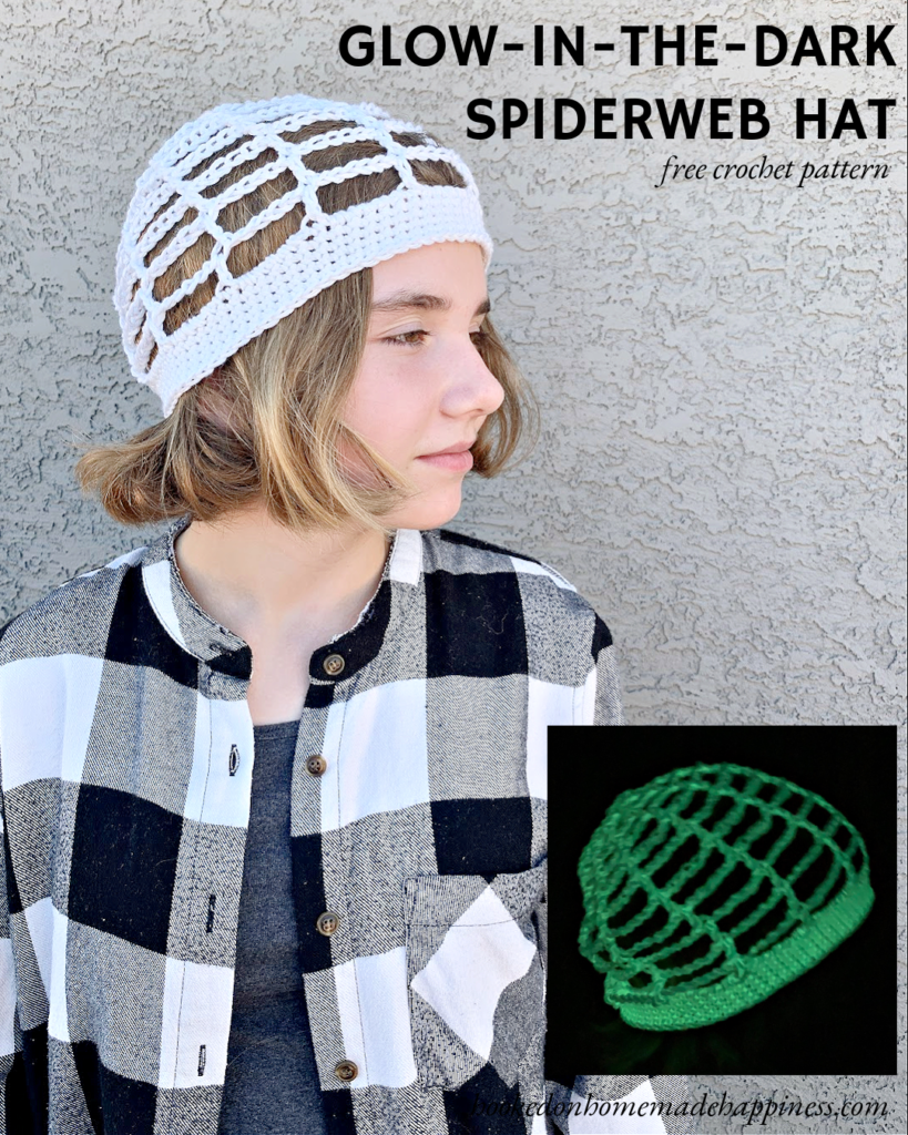 This Glow-in-the-Dark Spiderweb Hat Crochet Pattern is so fun! It's made up of mostly chain stitches so it works up very quickly. It's perfect for a fun Halloween accessory!