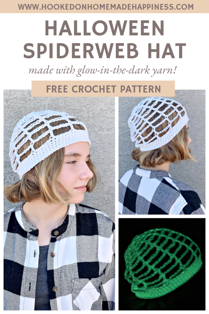 This Glow-in-the-Dark Spiderweb Hat Crochet Pattern is so fun! It's made up of mostly chain stitches so it works up very quickly. It's perfect for a fun Halloween accessory!