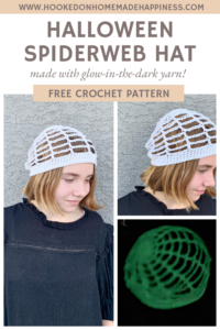 This Glow-in-the-Dark Spiderweb Hat Crochet Pattern is so fun! It's made up of mostly chain stitches so it works up very quickly. It's perfect for a fun Halloween accessory!