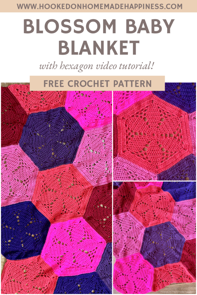 The Blossom Baby Blanket Crochet Pattern is made by sewing these fun and pretty flower hexagons together. Of course, this blanket can easily be made in any size by adding more hexagons.