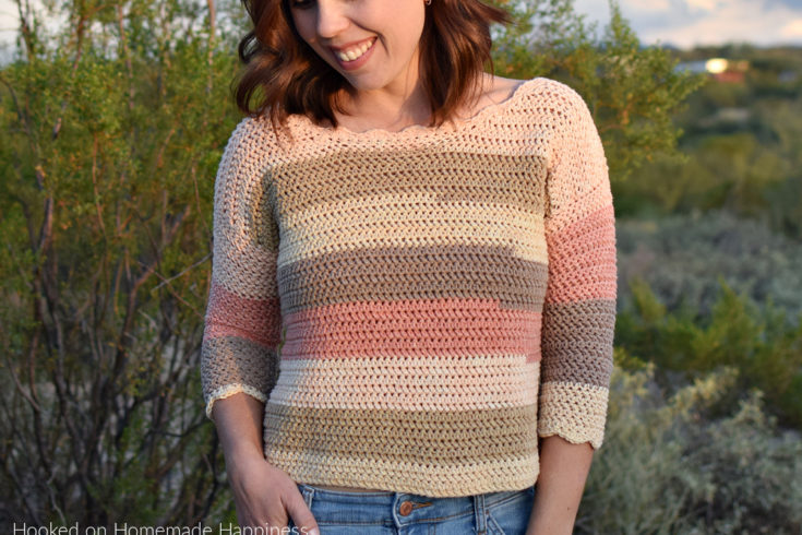 Driftwood Top Crochet Pattern - The Driftwood Top Crochet Pattern uses a variation of a half double crochet to create a tightly woven fabric. The scallops along the sleeves and neckline add a fun, feminine touch!