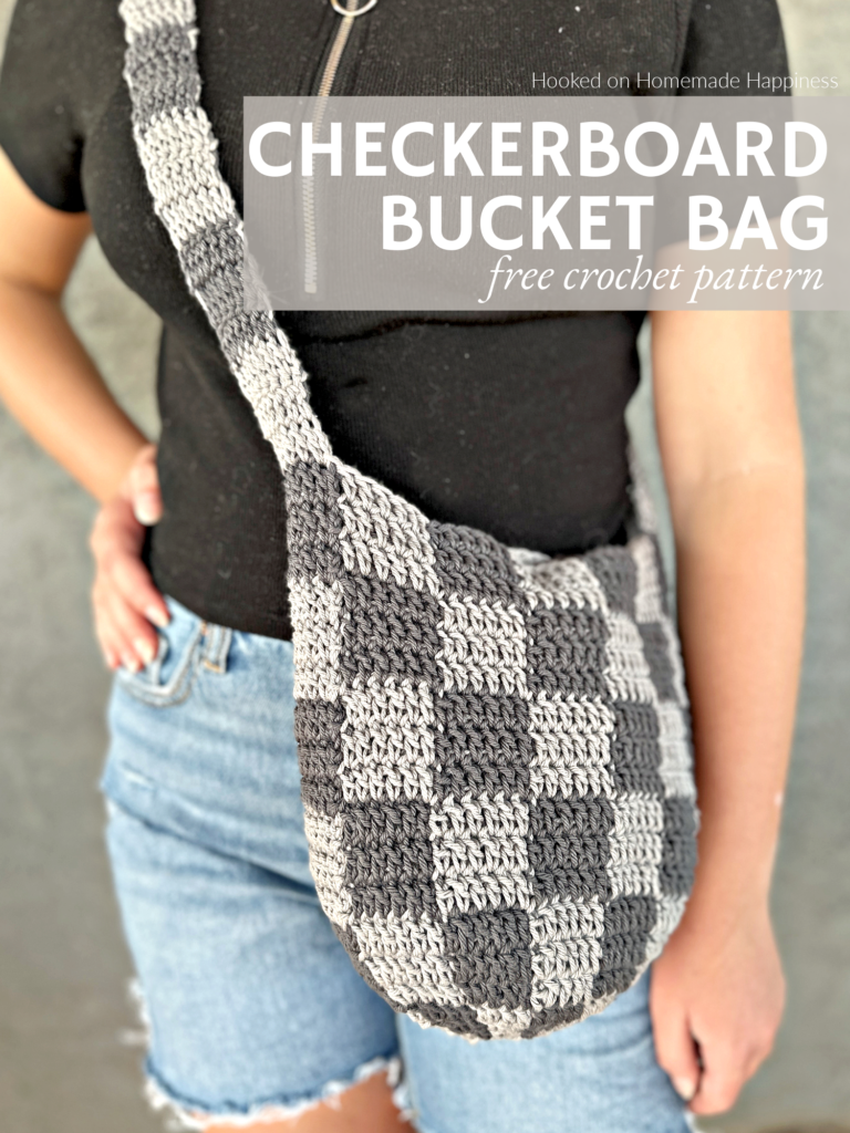 Checkerboard Bucket Bag Crochet Pattern - The Checkerboard Bucket Bag Crochet Pattern is a trendy bag that is much easier than it looks! It's the perfect size as a crossbody or tied up and worn as a shoulder bag.