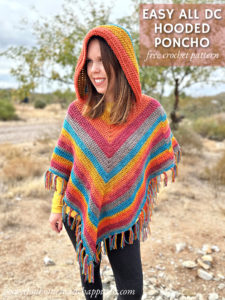 The Easy All Double Crochet Hooded Poncho is a beginner friendly pattern made with all double crochet! I used Caron Big Cakes, which eliminates the ends to weave in and the need to create a color palette.