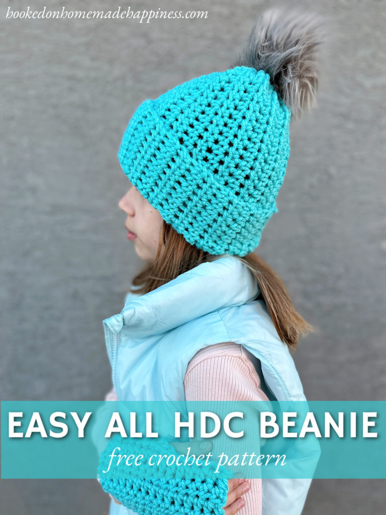 These Easy All HDC beanie Crochet Pattern is made from a simple rectangle and take less than 2 hours to make! They are perfect for a gift or stocking stuffer.