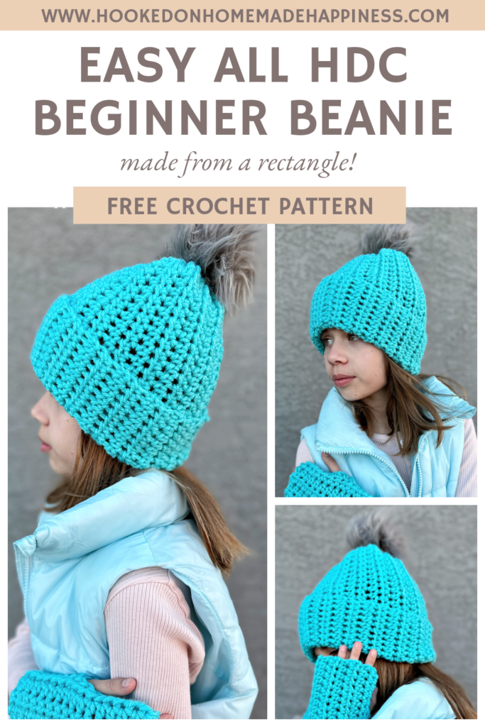 These Easy All HDC beanie Crochet Pattern is made from a simple rectangle and take less than 2 hours to make! They are perfect for a gift or stocking stuffer.