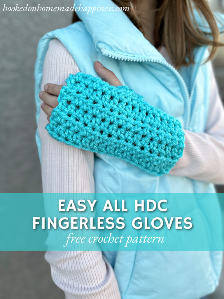 These Easy All HDC Fingerless Gloves Crochet Pattern are made from a simple rectangle and take less than an hour to make! There are perfect for a small gift or stocking stuffer.