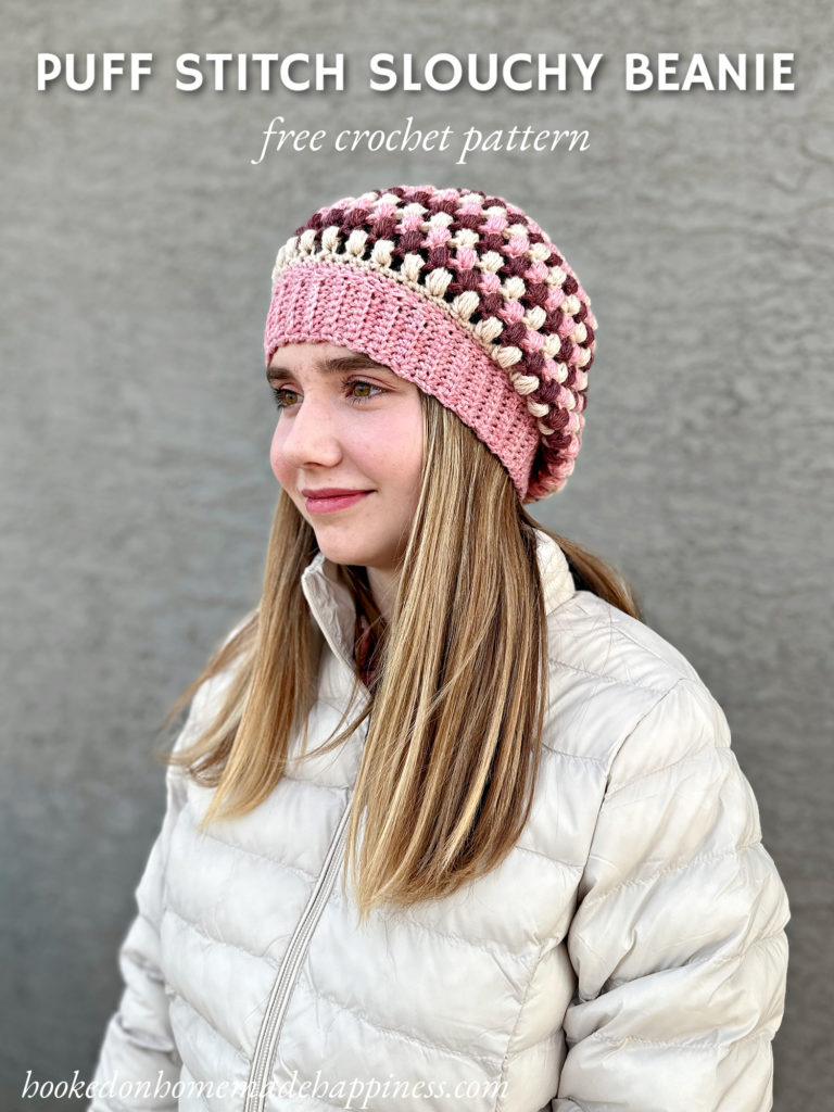 The Puff Stitch Slouchy Beanie Crochet Pattern is a cute and trendy beanie! It's made from the top down. The ribbing is added using the applied ribbing method.
